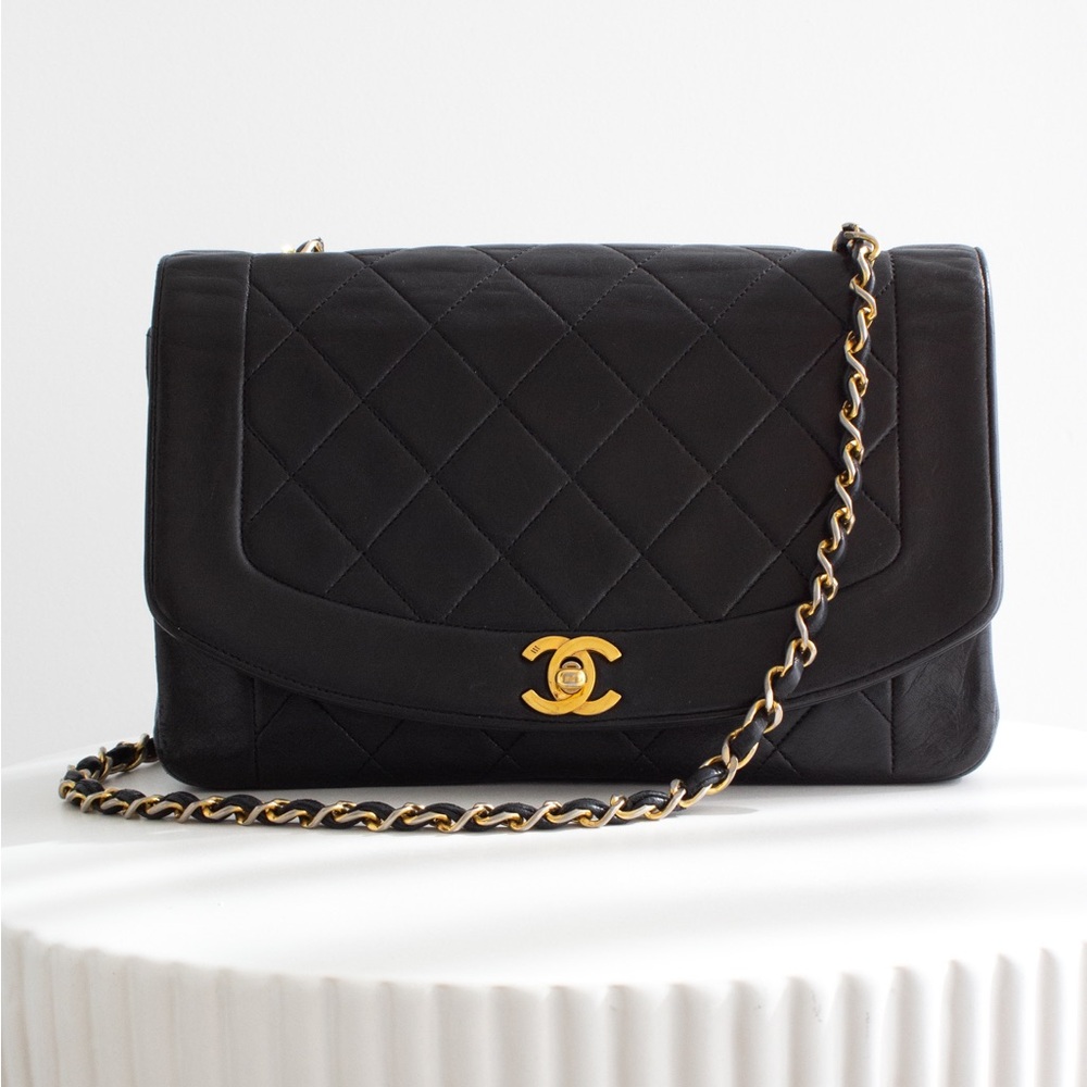 Chanel Vintage Diana Medium Black Lambskin 24K Gold Flap Bag